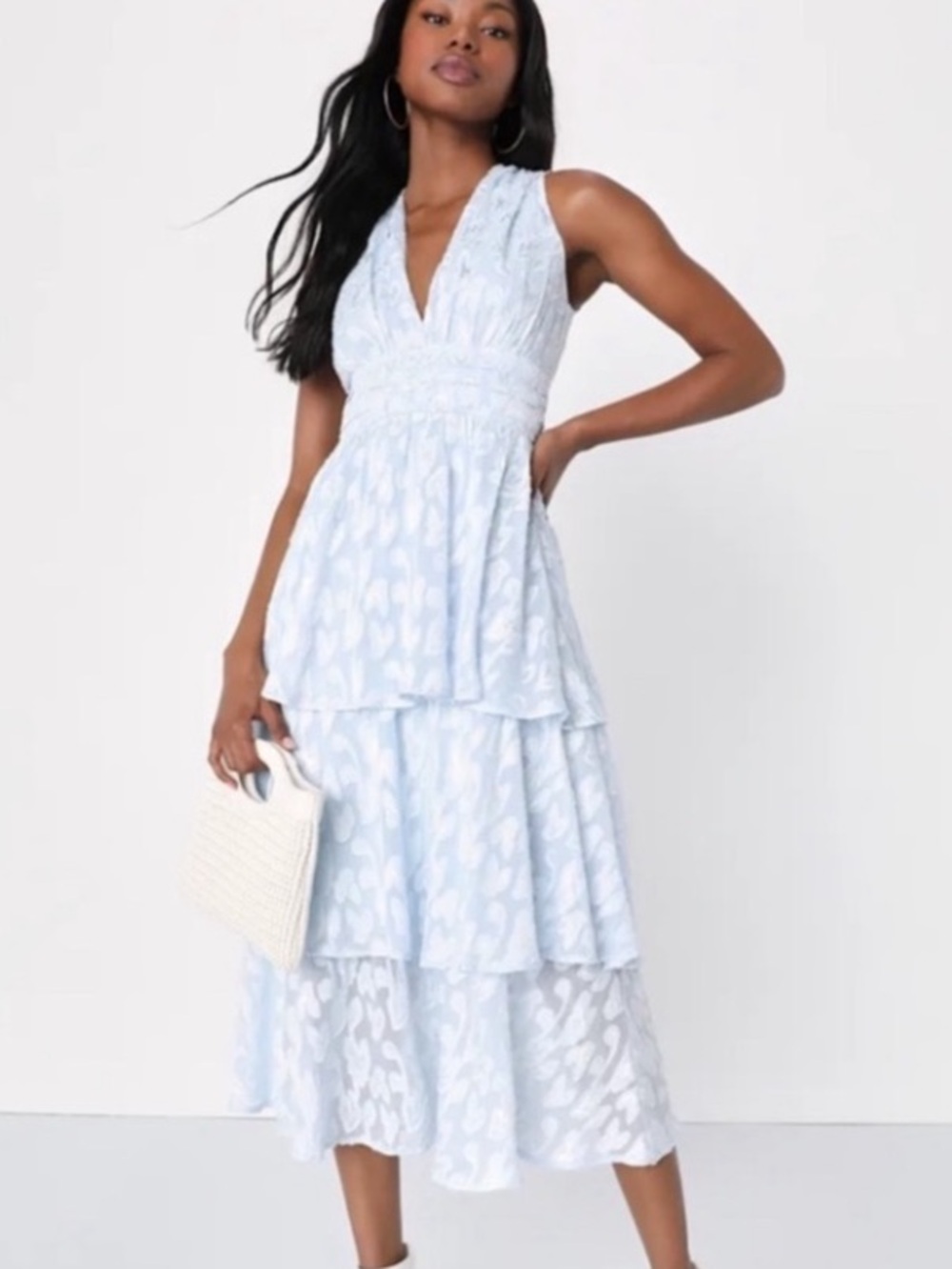 NWT Lulus Elegant Light Blue Jacquard V-Neckline Tiered Dress Sz Large